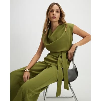 Khaki Short Sleeve Tie Waist Tailored Top