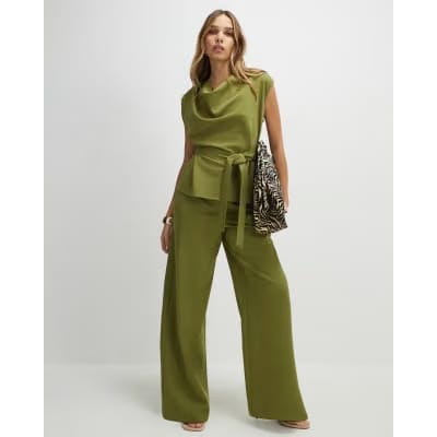 Khaki Short Sleeve Tie Waist Tailored Top