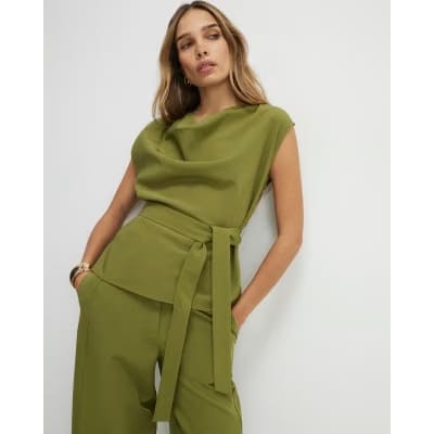 Khaki Short Sleeve Tie Waist Tailored Top