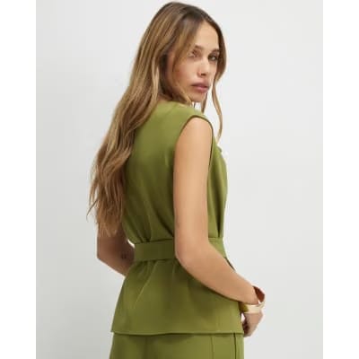 Khaki Short Sleeve Tie Waist Tailored Top