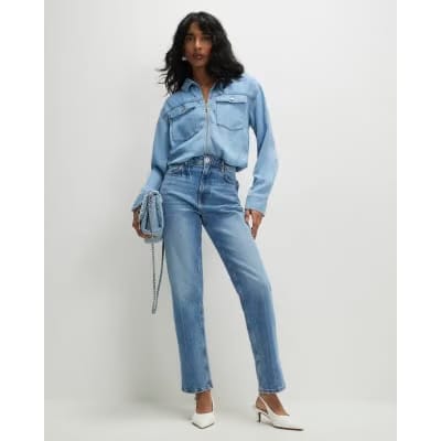 Blue Denim Tencel Bubble Hem Bomber Jacket
