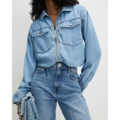 Blue Denim Tencel Bubble Hem Bomber Jacket