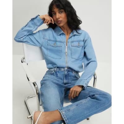 Blue Denim Tencel Bubble Hem Bomber Jacket