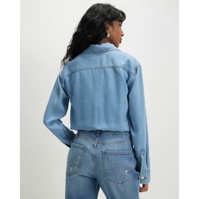 Blue Denim Tencel Bubble Hem Bomber Jacket