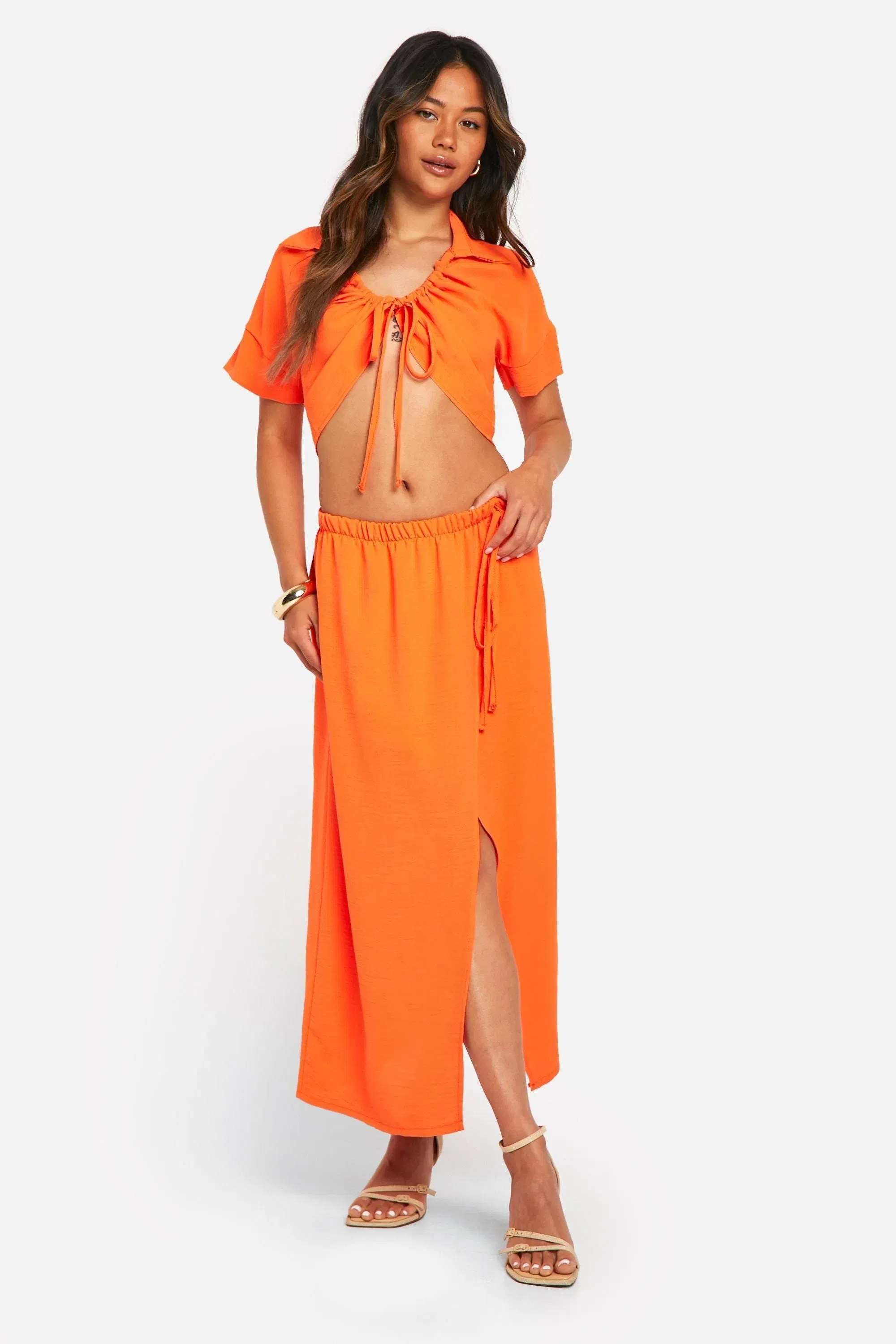 Hammered Ruched Front Shirt & Wrap Midaxi Skirt