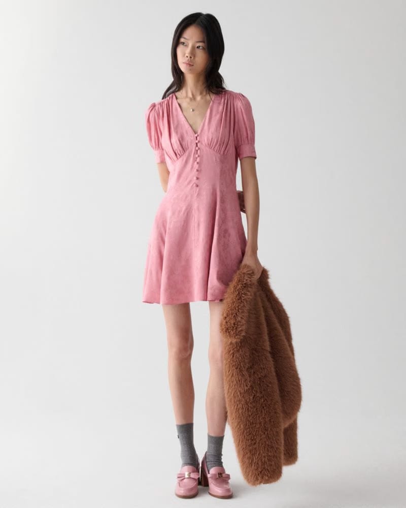 Fluid Jacquard Puff Sleeve Mini Dress