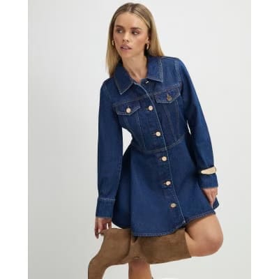 Petite Blue Denim Long Sleeve Shirt Dress