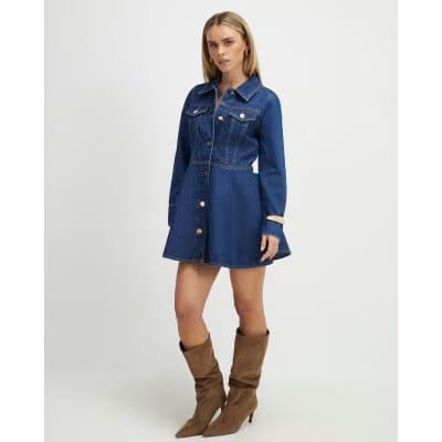 Petite Blue Denim Long Sleeve Shirt Dress