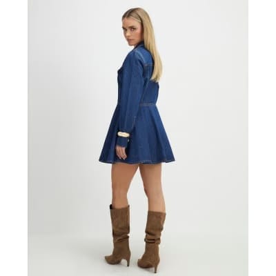 Petite Blue Denim Long Sleeve Shirt Dress