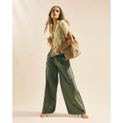 Khaki Wide Leg Cargo Trousers