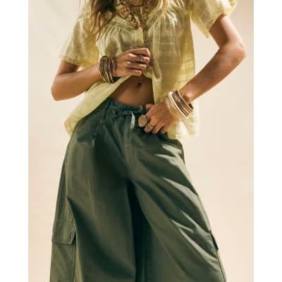 Khaki Wide Leg Cargo Trousers