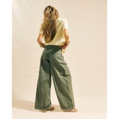 Khaki Wide Leg Cargo Trousers