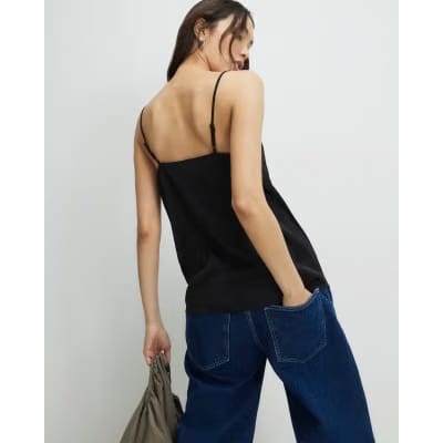 Black Satin Lace Trim Cami Top