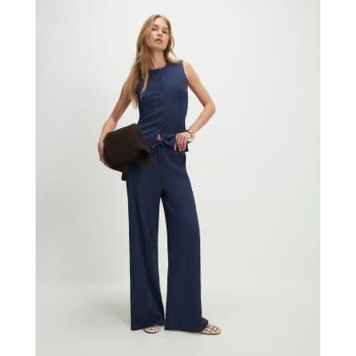 Navy Textured Drawstring Wide Leg Trousers