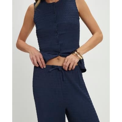 Navy Textured Drawstring Wide Leg Trousers