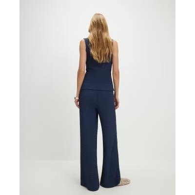 Navy Textured Drawstring Wide Leg Trousers