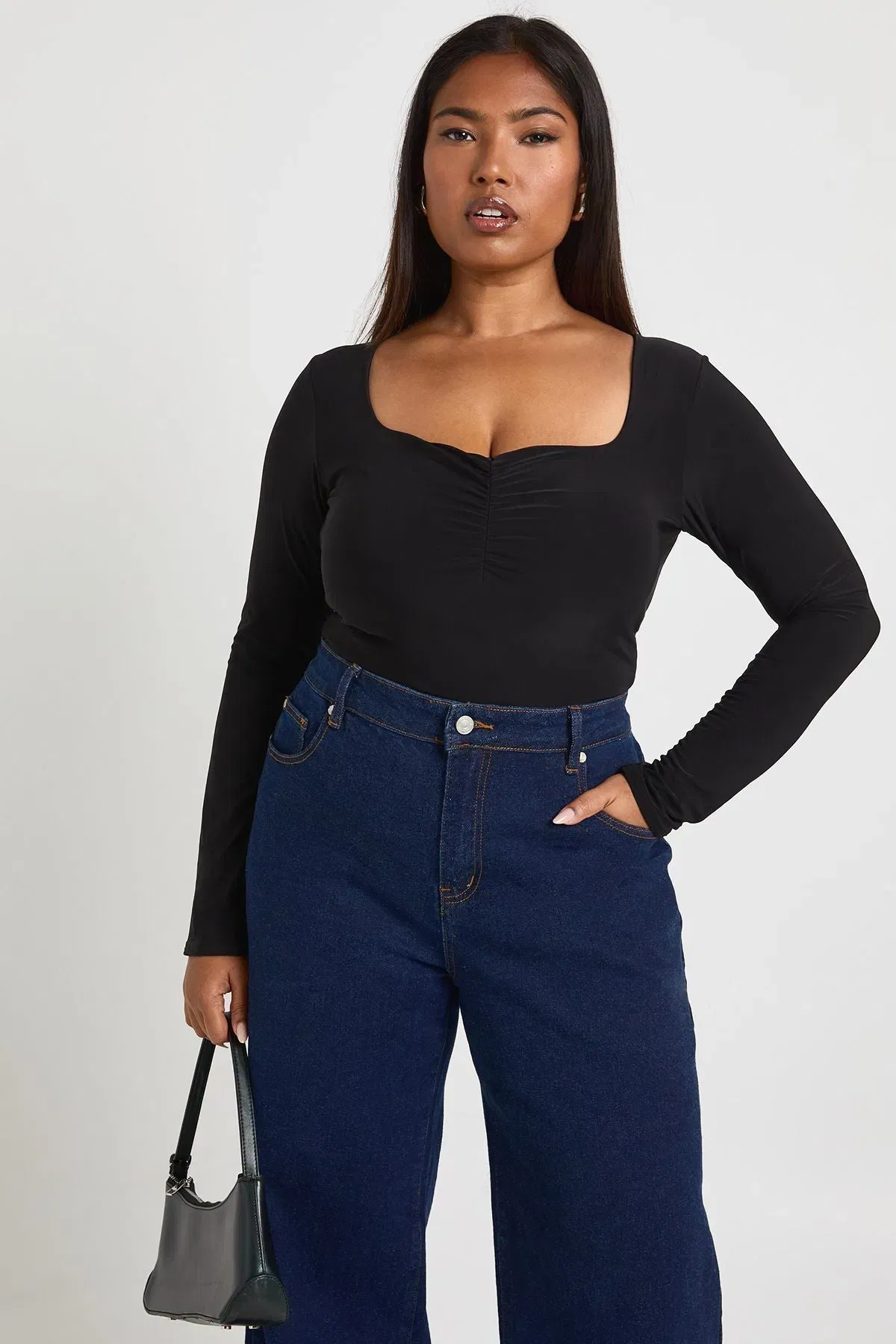 Plus Long Sleeve Double Layer Ruched Front Bodysuit