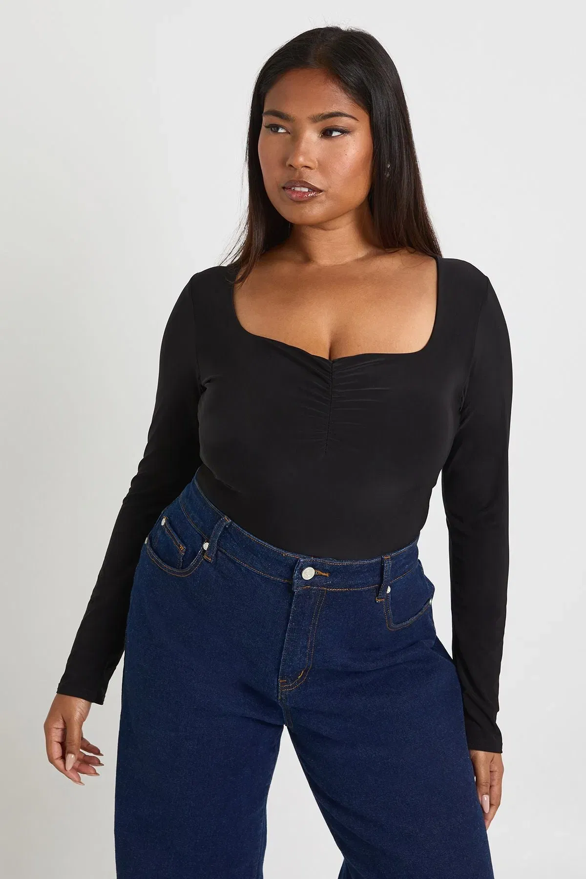 Plus Long Sleeve Double Layer Ruched Front Bodysuit