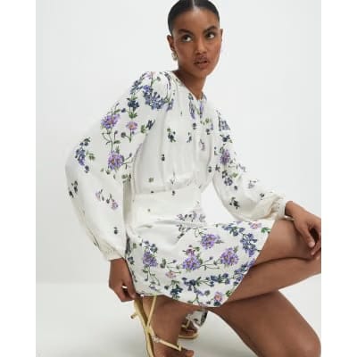 White Long Sleeve Floral Mini Dress