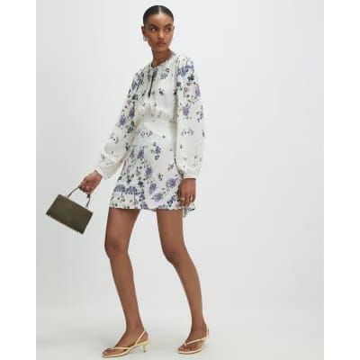 White Long Sleeve Floral Mini Dress