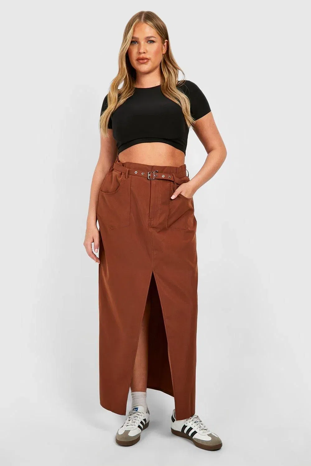 Plus Woven Eyelet Belted Maxi Skirt