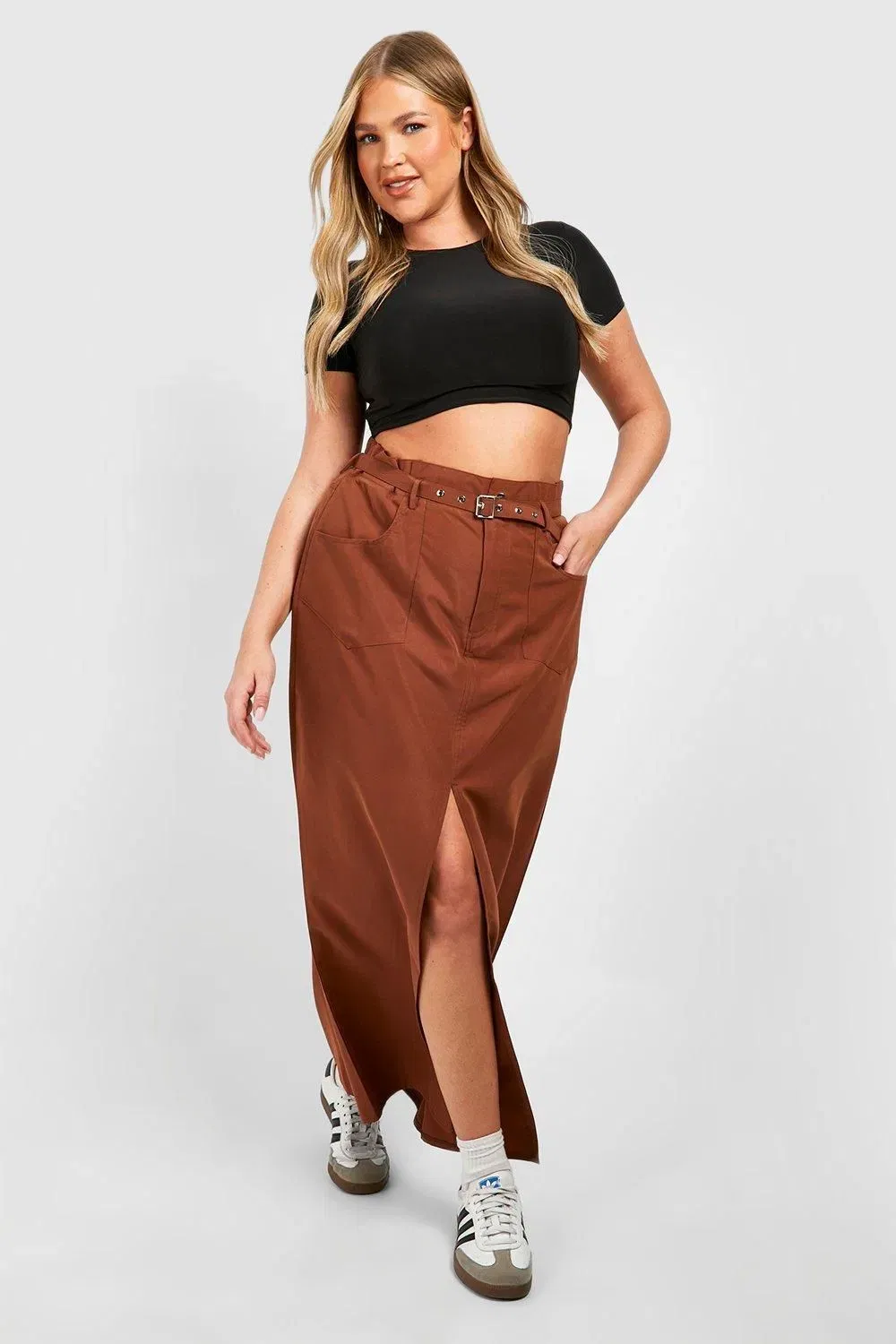 Plus Woven Eyelet Belted Maxi Skirt