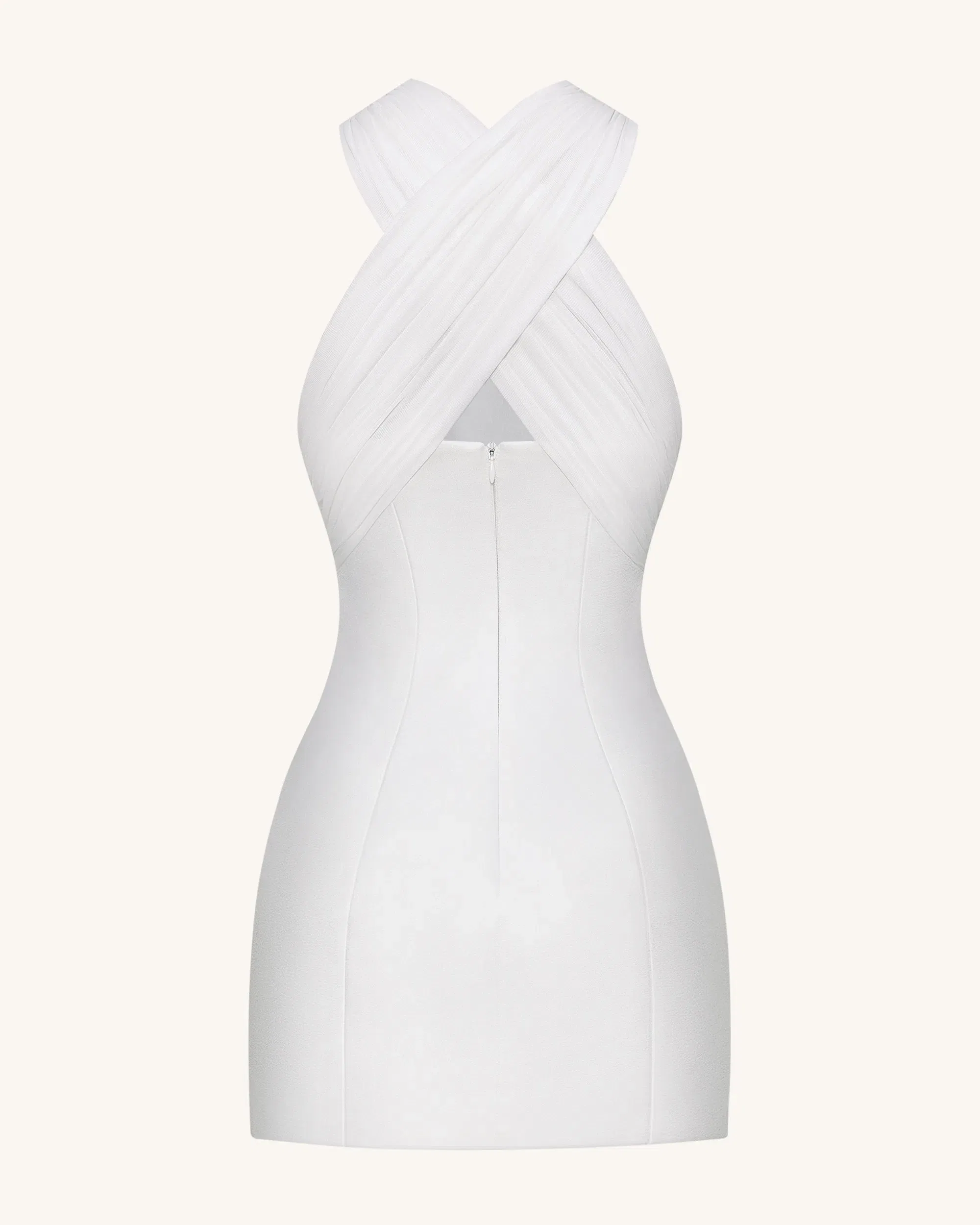 Satin Mini Dress with Tulle Cross-Halter - White