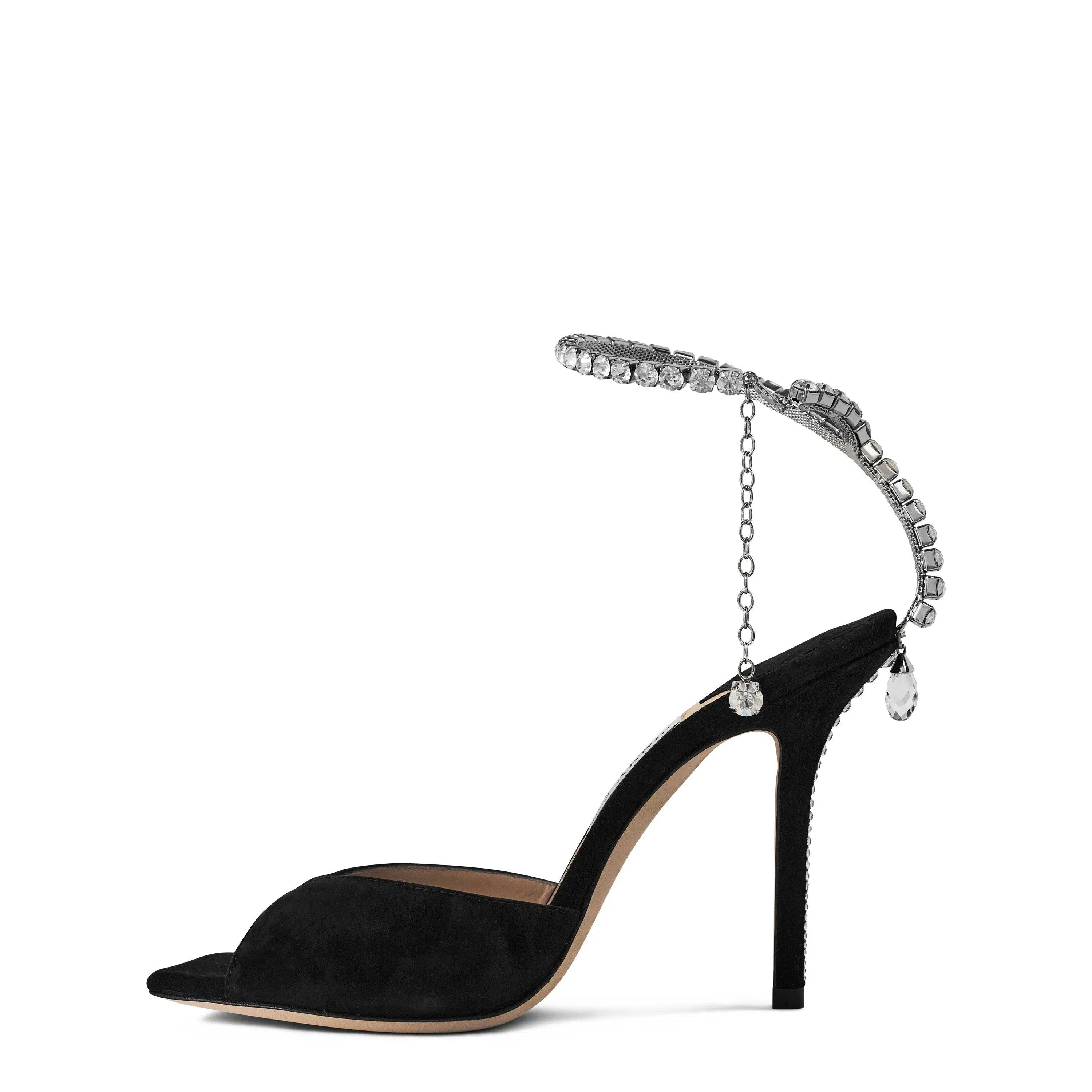 Crystal Ankle Chain Leather Saeda 100 Sandals