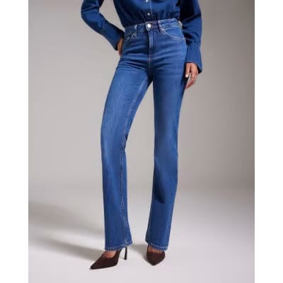 Blue High Waisted Stretch Straight Leg Jeans