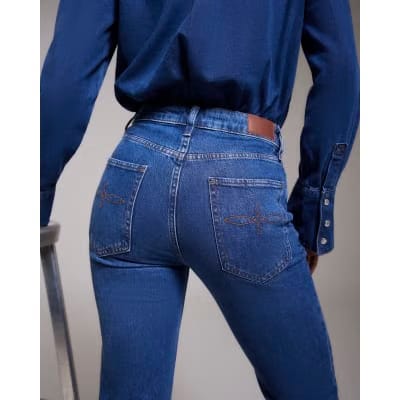 Blue High Waisted Stretch Straight Leg Jeans
