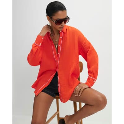 Orange Long Sleeve Tie Back Beach Shirt