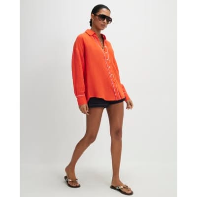 Orange Long Sleeve Tie Back Beach Shirt