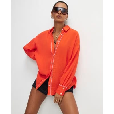 Orange Long Sleeve Tie Back Beach Shirt