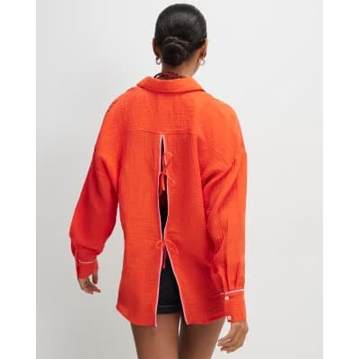 Orange Long Sleeve Tie Back Beach Shirt