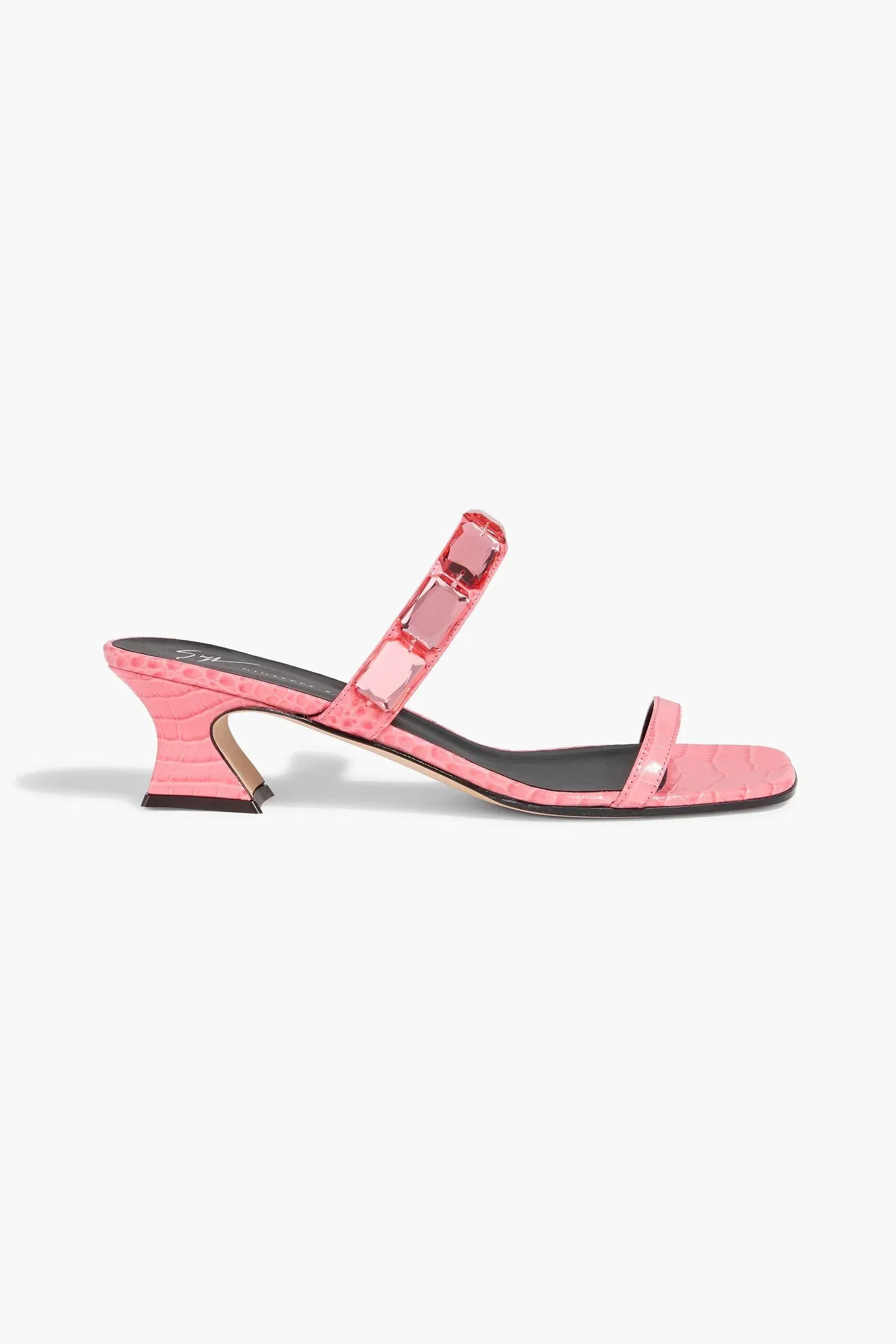 Giuseppe Zanotti Flaminia Square 45 Crystal-Embellished Croc-Effect Leather Mules Pink Women's