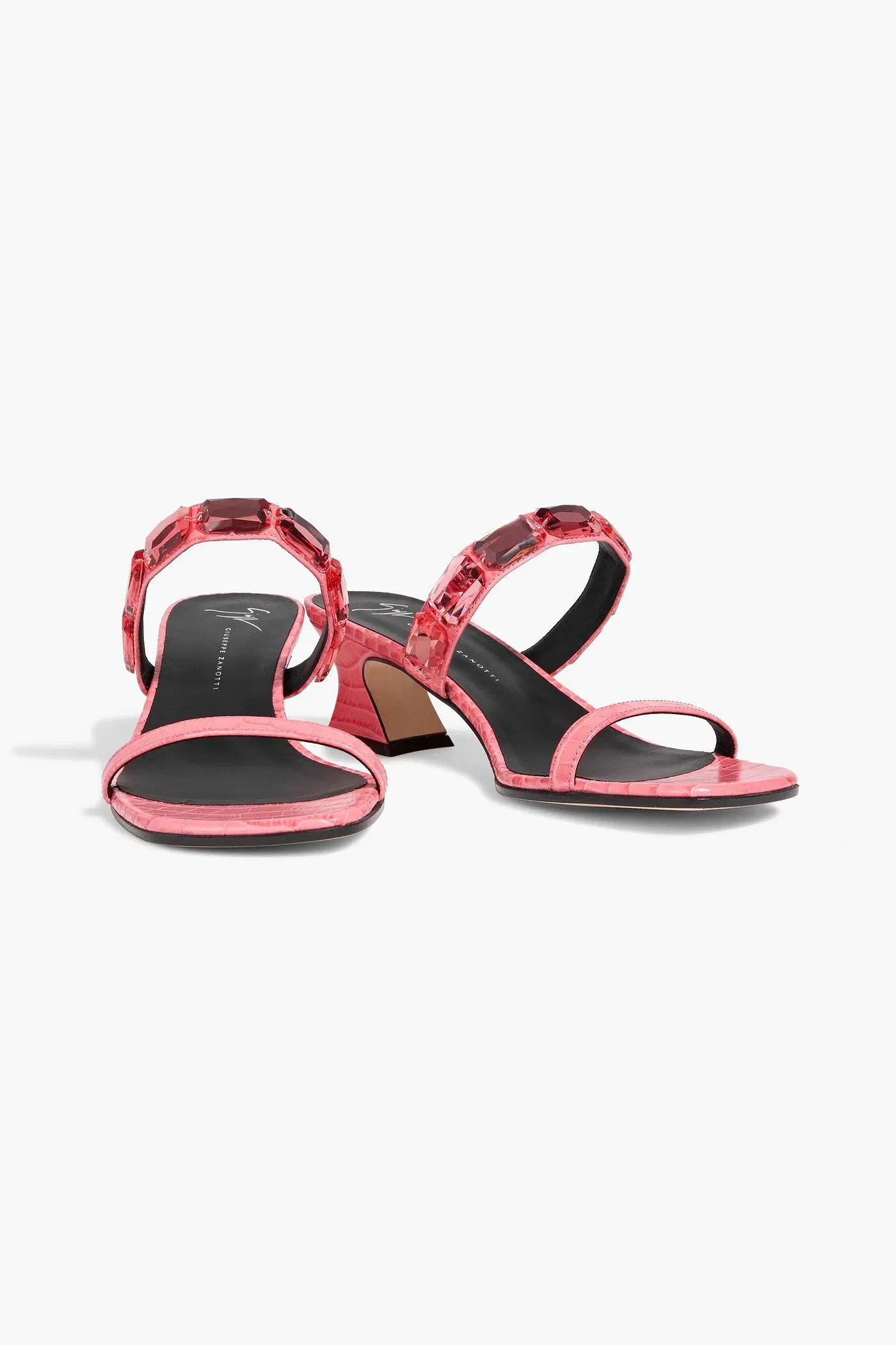 Giuseppe Zanotti Flaminia Square 45 Crystal-Embellished Croc-Effect Leather Mules Pink Women's