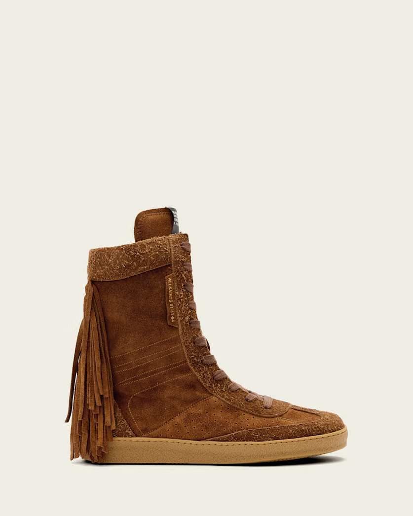 AllSaints Louise Suede Fringe Sneakers Women's Tan Brown Women's