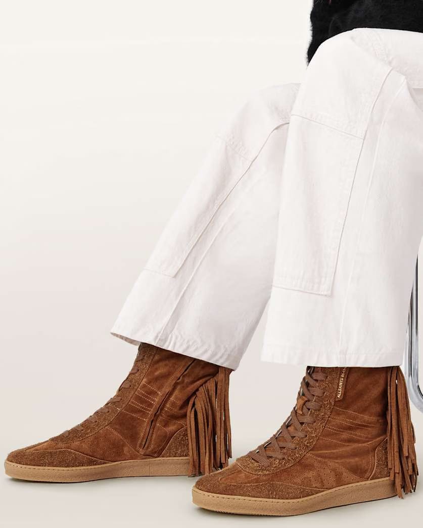 AllSaints Louise Suede Fringe Sneakers Women's Tan Brown Women's