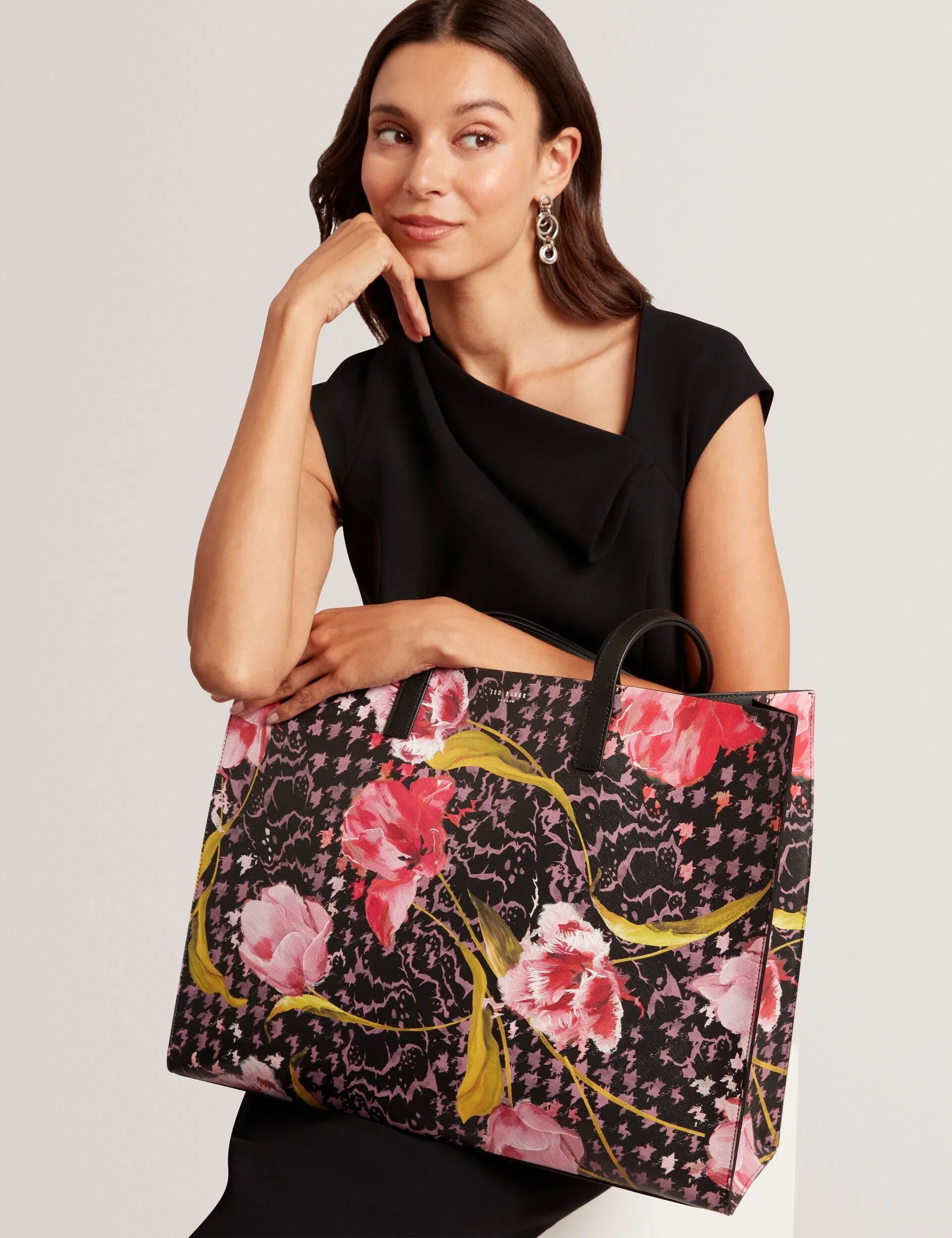 Ted Baker Tulah Floral Check Print Wide Icon Tote Bag In Black Women's