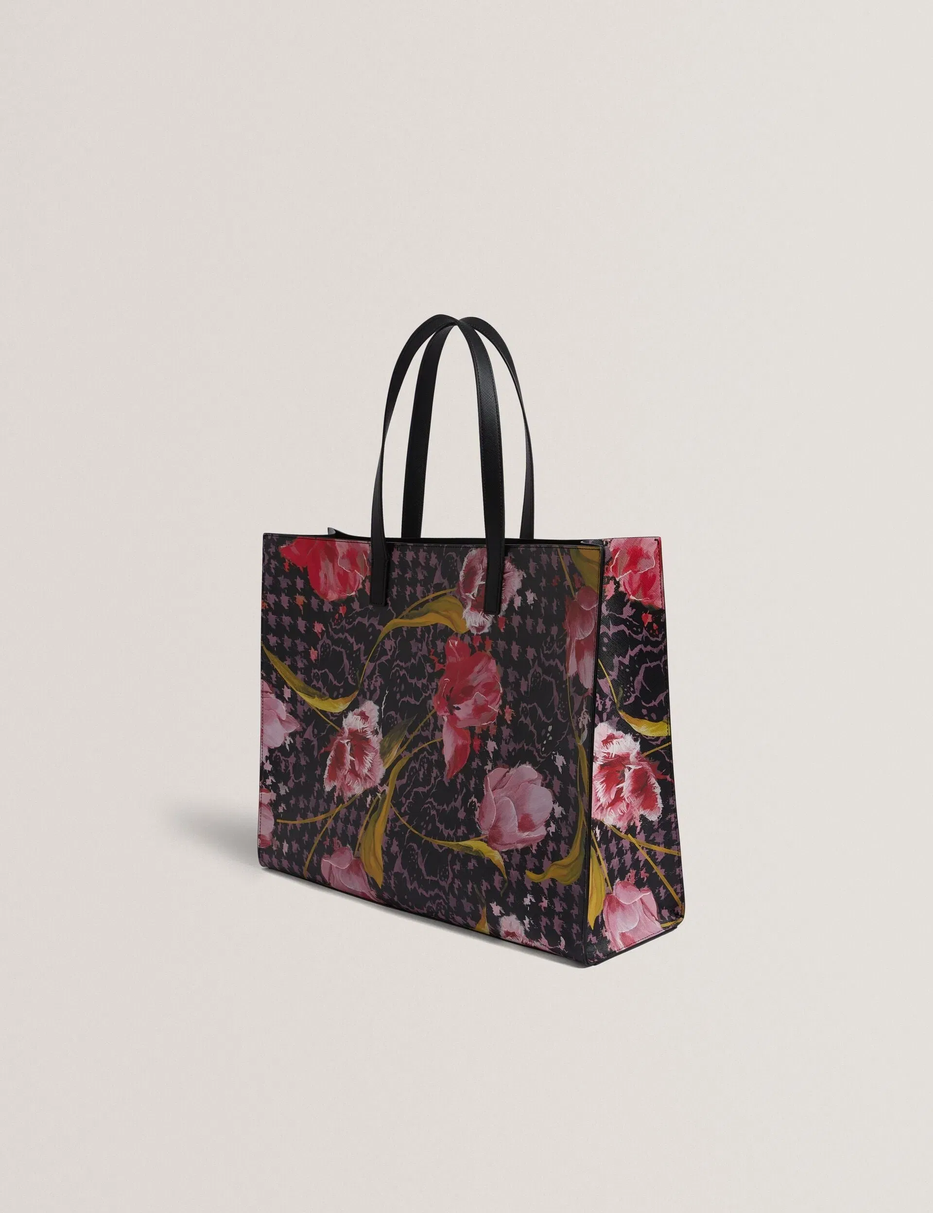 Ted Baker Tulah Floral Check Print Wide Icon Tote Bag In Black Women's