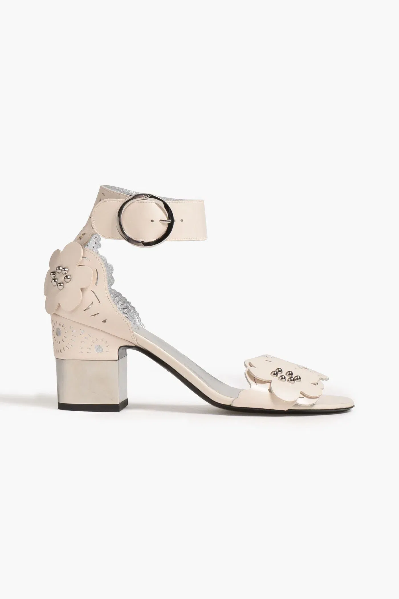 Roger Vivier Studded Laser-Cut Leather Sandals Ecru Women's