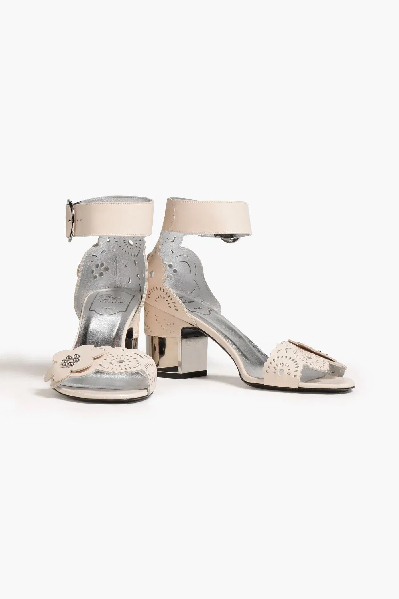 Roger Vivier Studded Laser-Cut Leather Sandals Ecru Women's