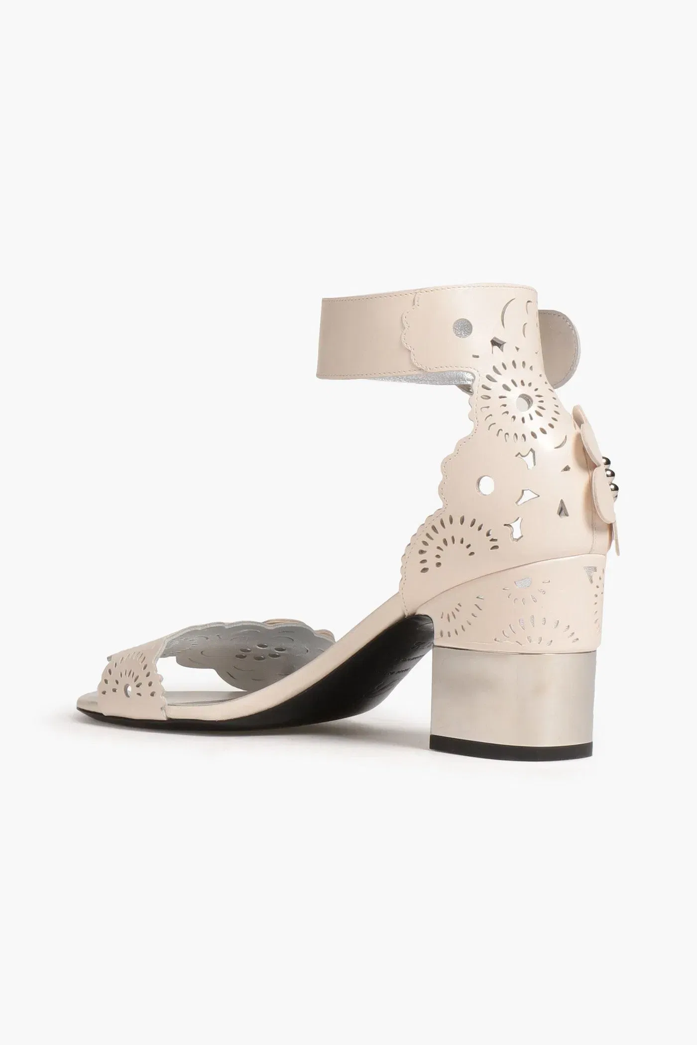 Roger Vivier Studded Laser-Cut Leather Sandals Ecru Women's