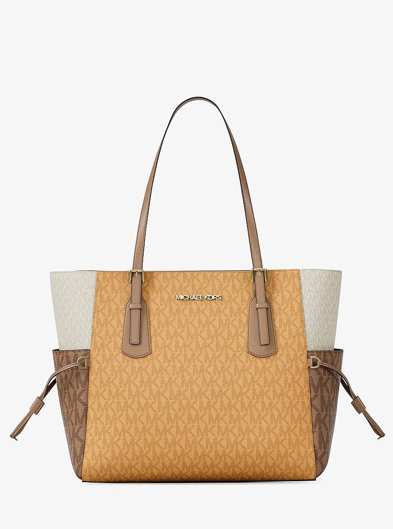 Michael Kors Voyager Large Color-Block Signature Logo Tote Bag Honeywheat Multi