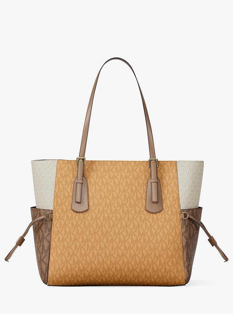 Michael Kors Voyager Large Color-Block Signature Logo Tote Bag Honeywheat Multi