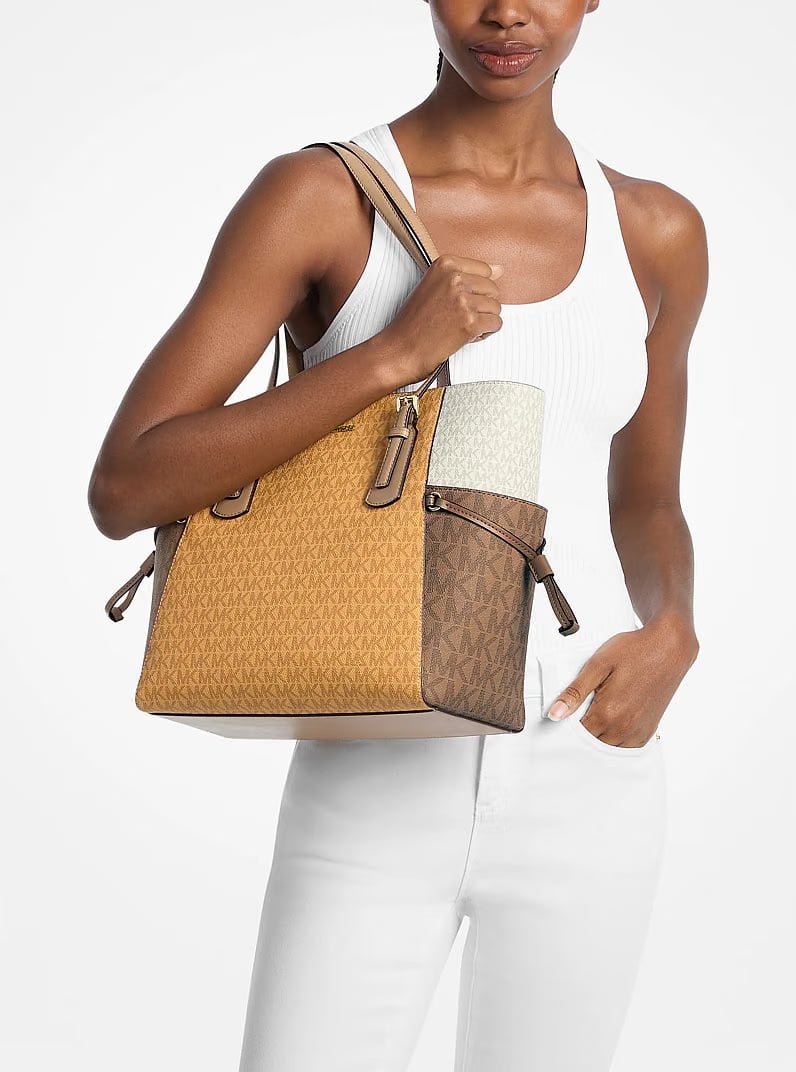 Michael Kors Voyager Large Color-Block Signature Logo Tote Bag Honeywheat Multi