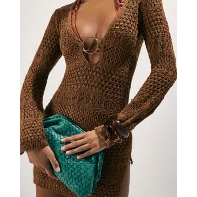 Brown Metallic Knit Mini Beach Dress