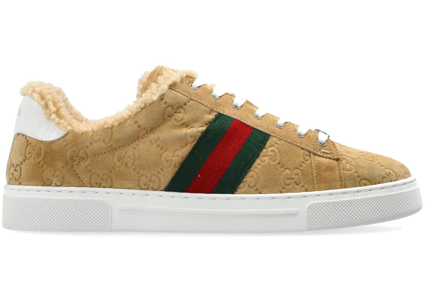 Gucci Ace Fur Trim Suede Beige