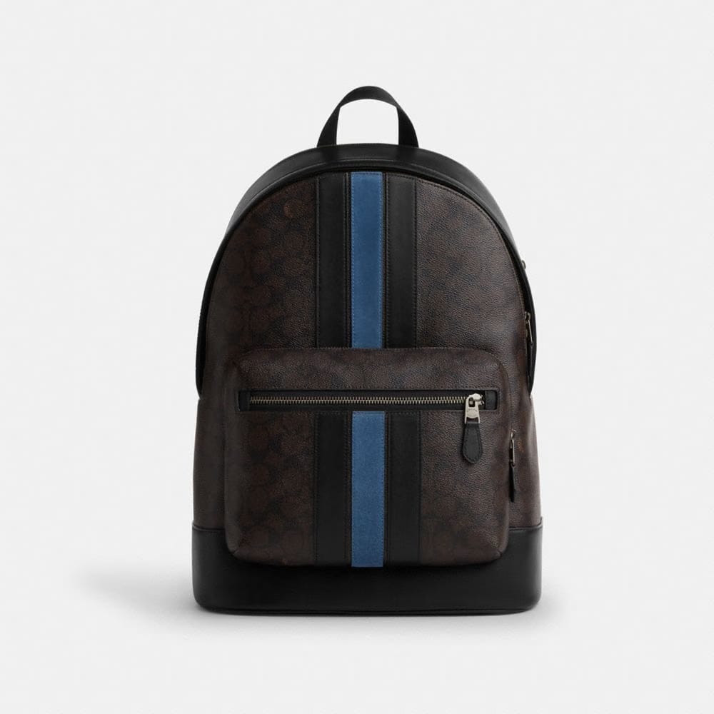 Coach West Backpack In Signature Canvas With Varsity Stripe Gunmetal