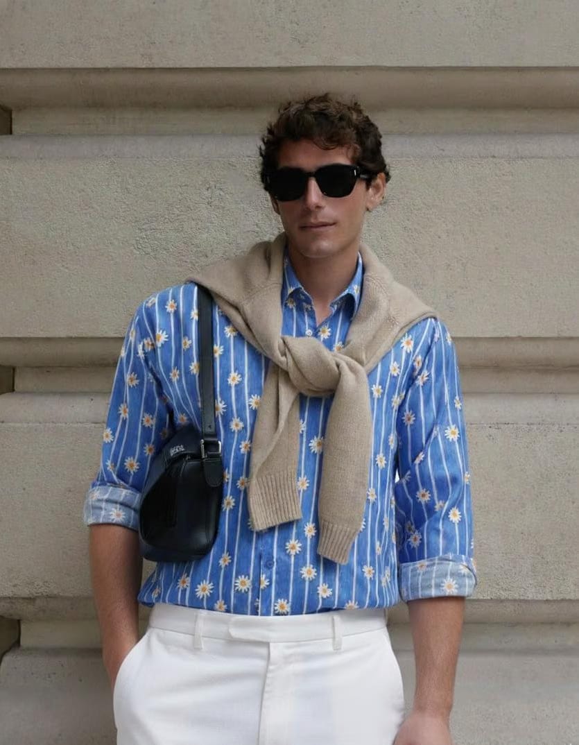 I'MHERE Essentials Powder Blue Daisy stripe full sleeve shirt